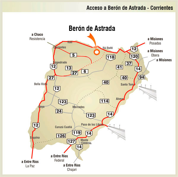 Mapa de Rutas y Accesos a Bern de Astrada - Imagen: Corrientes.com.ar