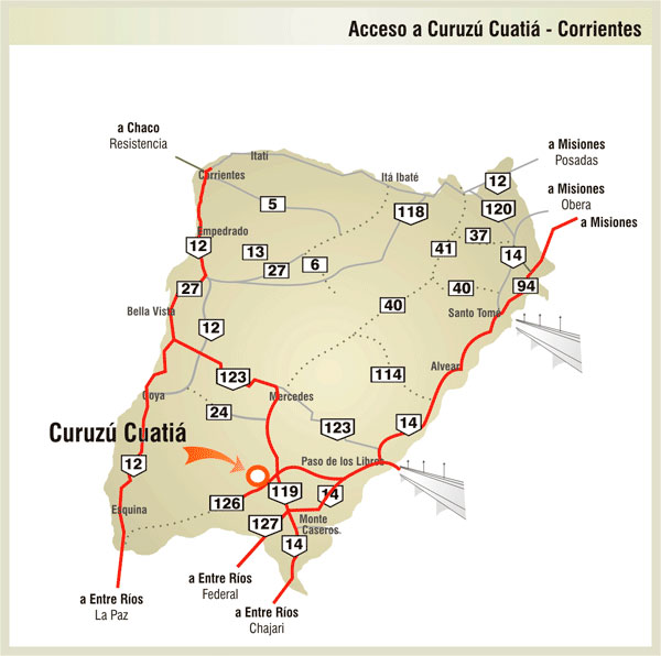 Mapa de Rutas y Accesos a Curuz Cuati - Imagen: Corrientes.com.ar