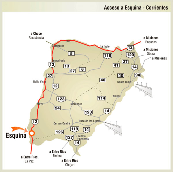 Mapa de Rutas y Accesos a Esquina - Imagen: Corrientes.com.ar