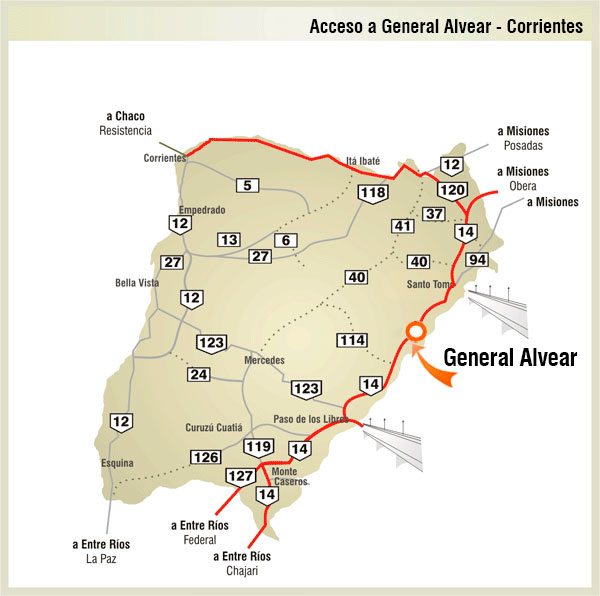 Mapa de Rutas y Accesos a General Alvear - Imagen: Corrientes.com.ar