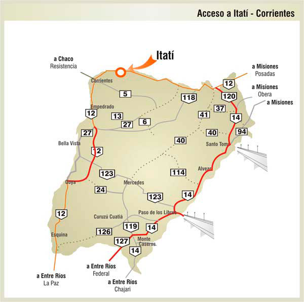 Mapa de Rutas y Accesos a Itat - Imagen: Corrientes.com.ar