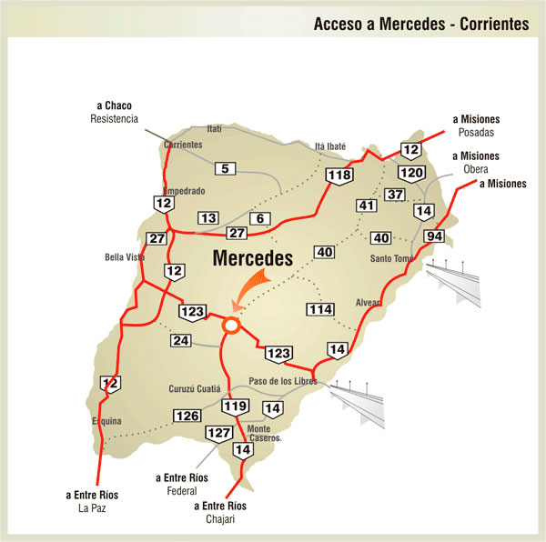 Mapa de Rutas y Accesos a Mercedes - Imagen: Corrientes.com.ar