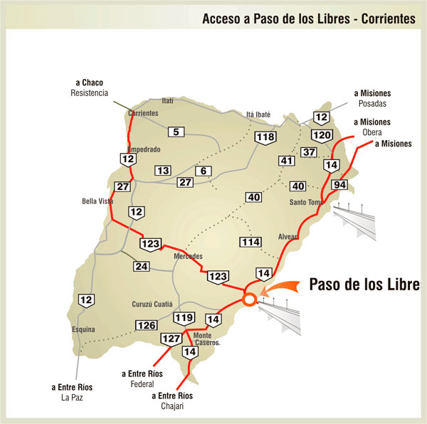 Mapa de Rutas y Accesos a Paso de los Libres - Imagen: Corrientes.com.ar