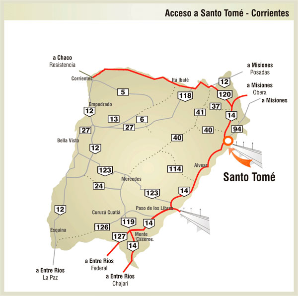 Mapa de Rutas y Accesos a Santo Tom - Imagen: Corrientes.com.ar