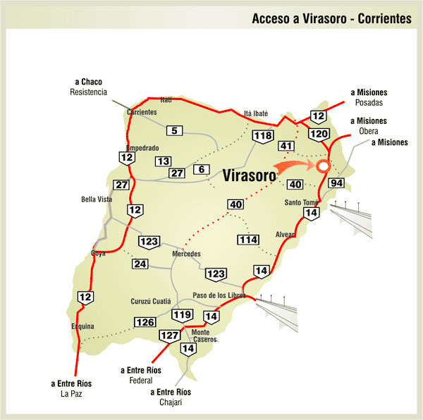 Mapa de Rutas y Accesos a Virasoro - Imagen: Corrientes.com.ar