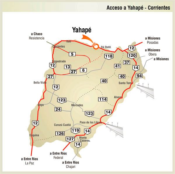 Mapa de Rutas y Accesos a Yahap - Imagen: Corrientes.com.ar