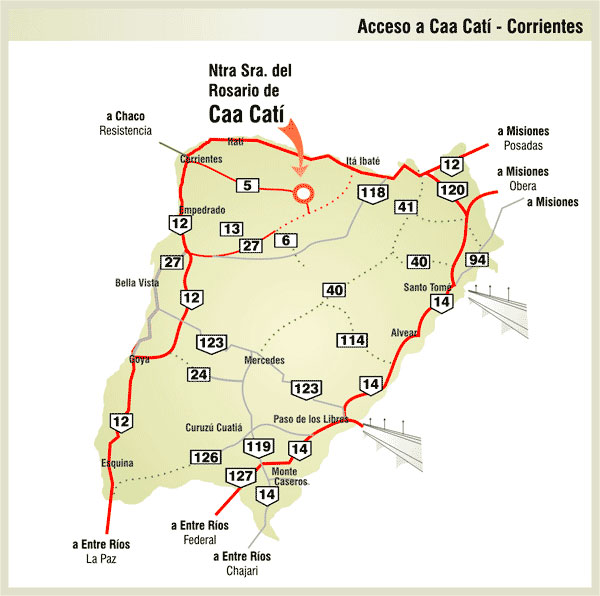 Mapa de Rutas y Accesos a Caá Catí - Imagen: Corrientes.com.ar
