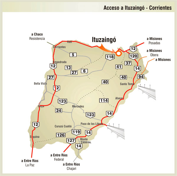 Mapa de Rutas y Accesos a Ituzaingó - Imagen: Corrientes.com.ar