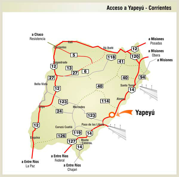 Mapa de Rutas y Accesos a Yapey - Imagen: Corrientes.com.ar